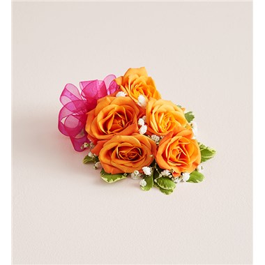 Orange Spray Rose Corsage-Hot Pink Bow