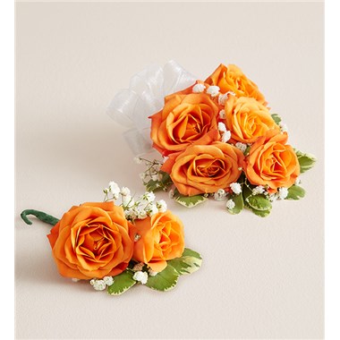Orange Spray Corsage & Bout-White Bow